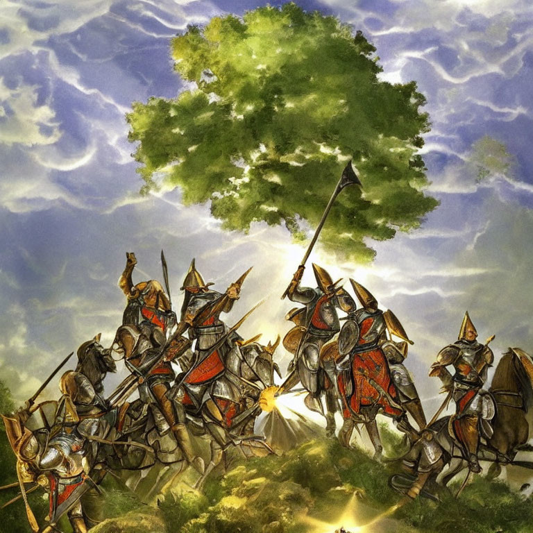 Medieval knights on horseback in armor charging under a tree on cloudy sky background