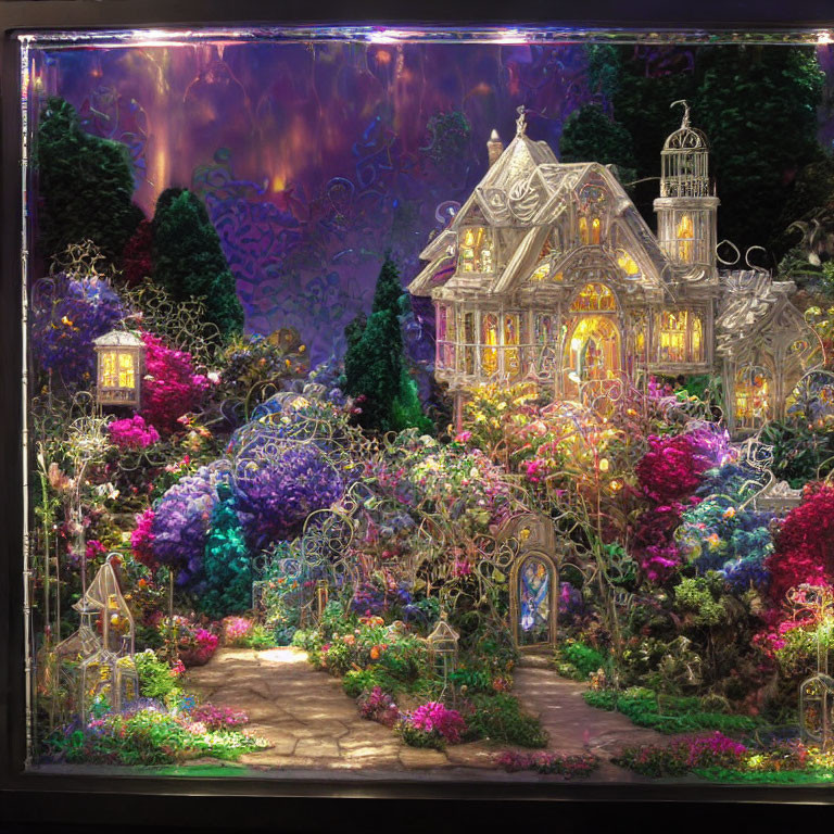 Detailed miniature garden with glowing Victorian-style house and vibrant flora under twilight sky