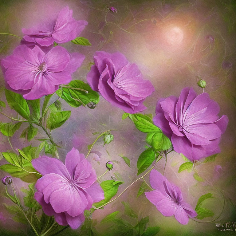 Vibrant purple flowers in dreamy digital artwork