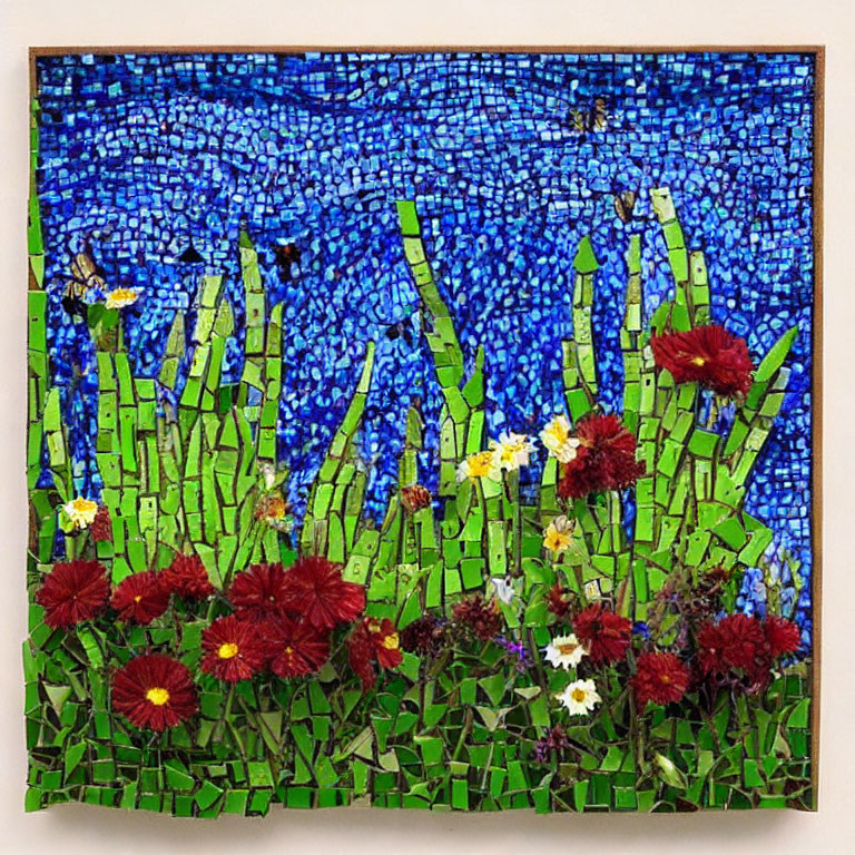 Colorful Flower Mosaic Artwork Featuring Green Grass on Cobalt Blue Background