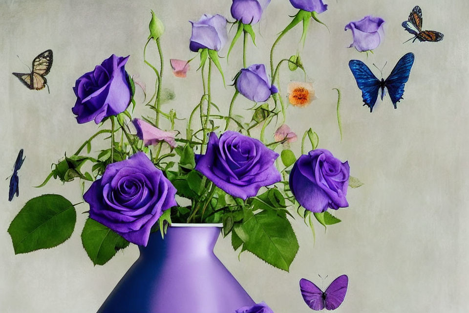 Colorful butterflies and purple roses in violet vase on textured beige background