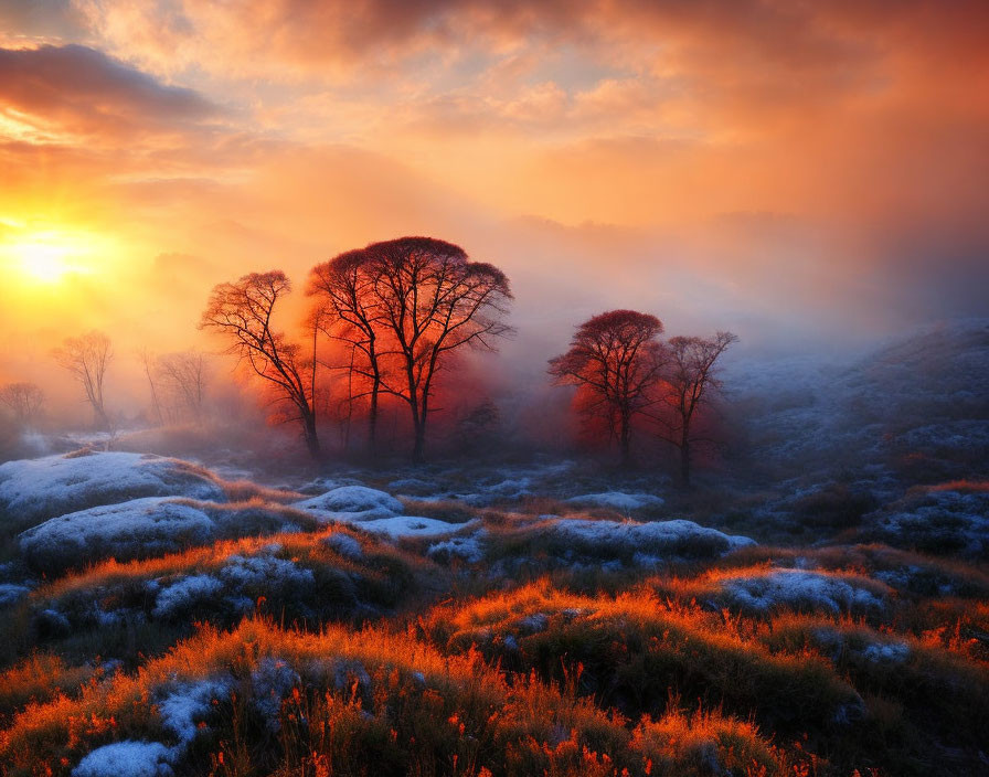 Tranquil sunrise landscape with frost-covered hills and misty trees