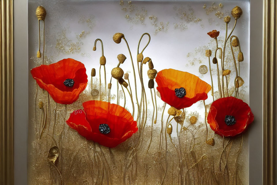 Vibrant Red Poppies 3D Wall Art on Textured Golden Background
