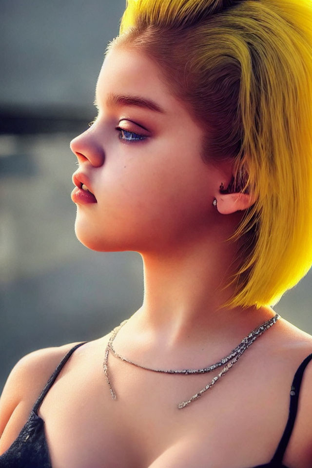 Portrait of young woman with yellow hair and blue eyes in black top and silver necklace