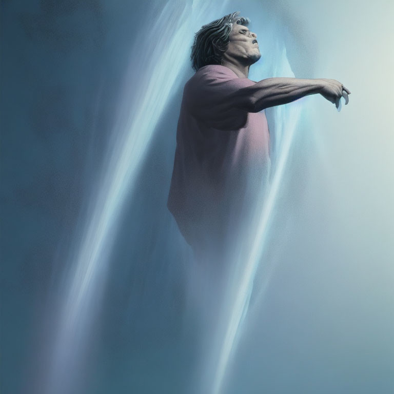 Person in Pink Shirt with Eyes Closed Bathed in Ethereal Blue Light
