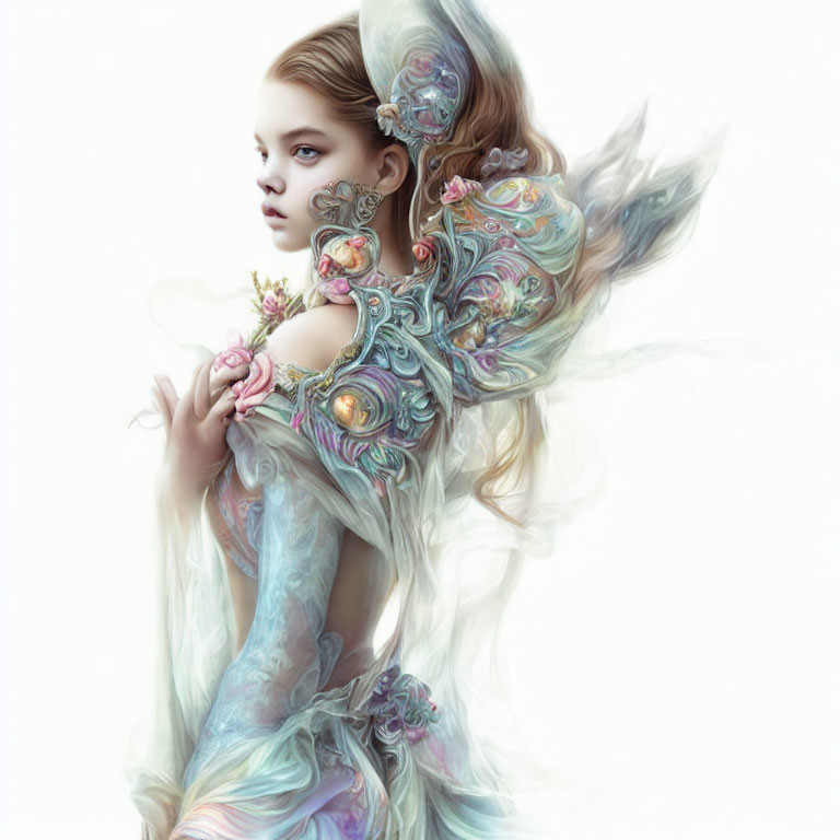 Ethereal portrait of a woman in flowing attire with shell-like embellishments