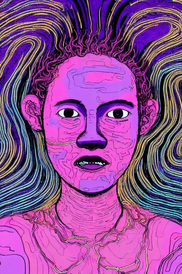 Colorful digital portrait with swirling purple and yellow background and stylized figure with prominent eyes and textured skin