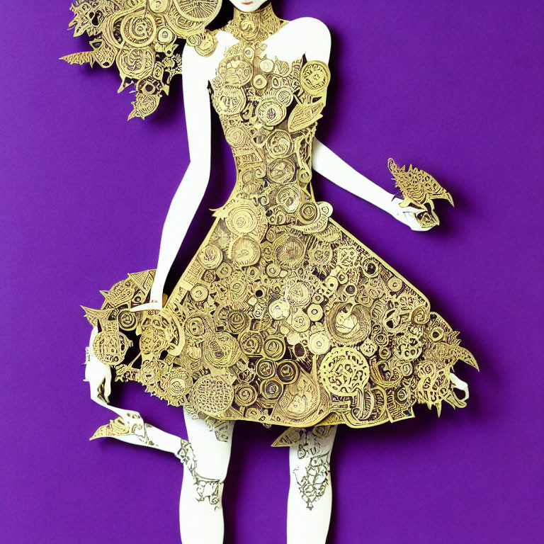 Intricate Paper Figure on Purple Background with Golden Patterns