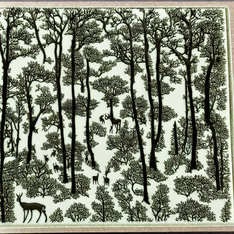 Detailed black and white forest illustration with trees and deer.