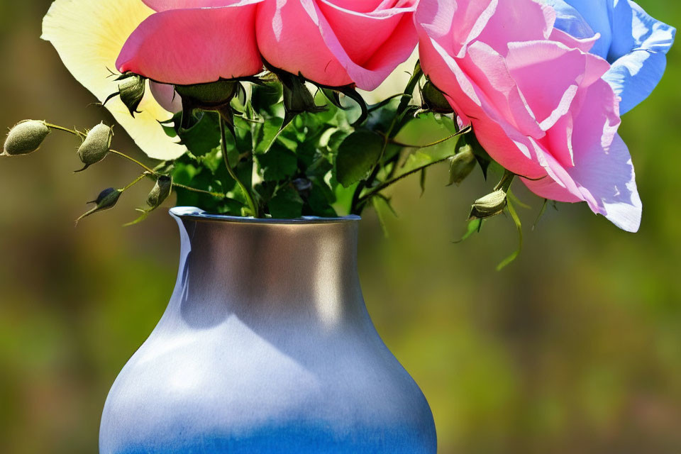 Multicolored Roses Bouquet in Blue Gradient Vase