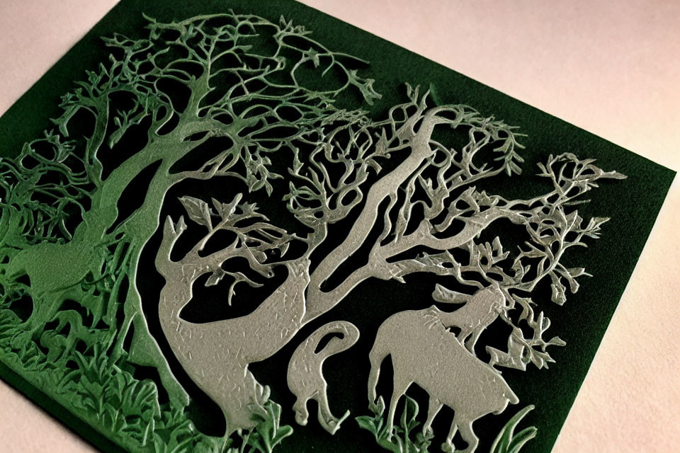 Detailed Forest Scene Paper Cut-Out Artwork with Deer on Green Background