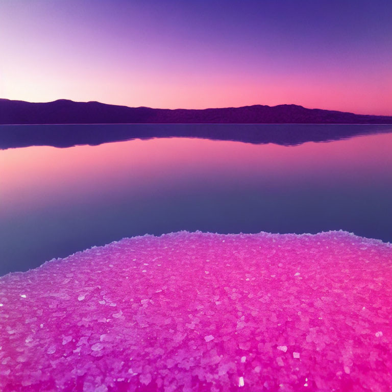 Pink Salt Flat Reflecting Purple Sky and Mountains at Twilight