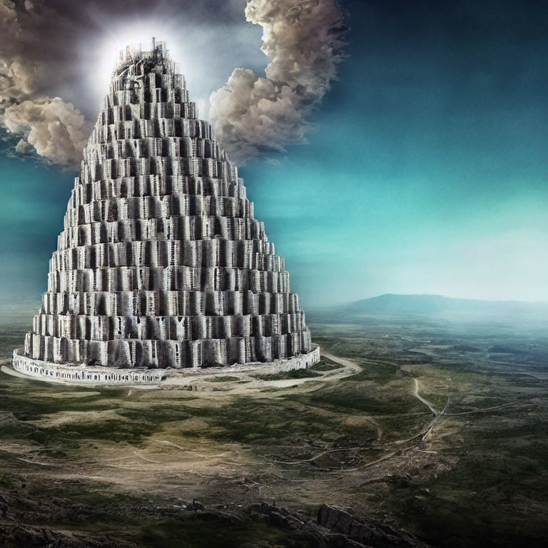Digital artwork: Towering cylindrical structure with arches on dramatic sky and desolate landscape