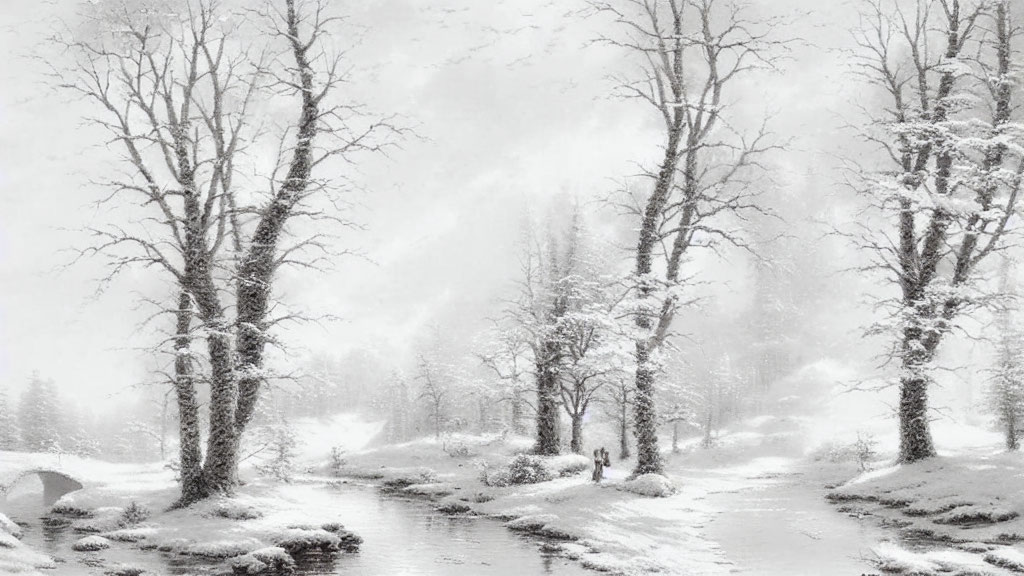 Snow-covered trees and stream with solitary figure in wintry scene