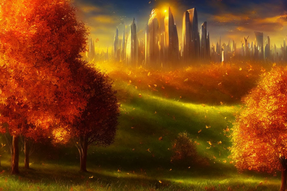 Vibrant orange trees in autumnal landscape with glowing city skyline