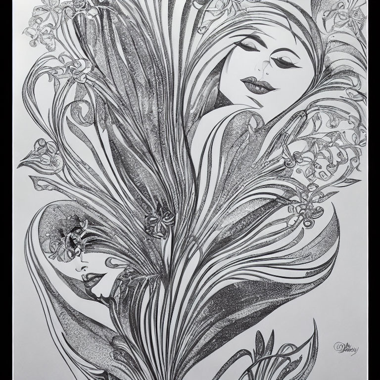 Monochrome Artwork: Stylized Female Faces with Floral Patterns