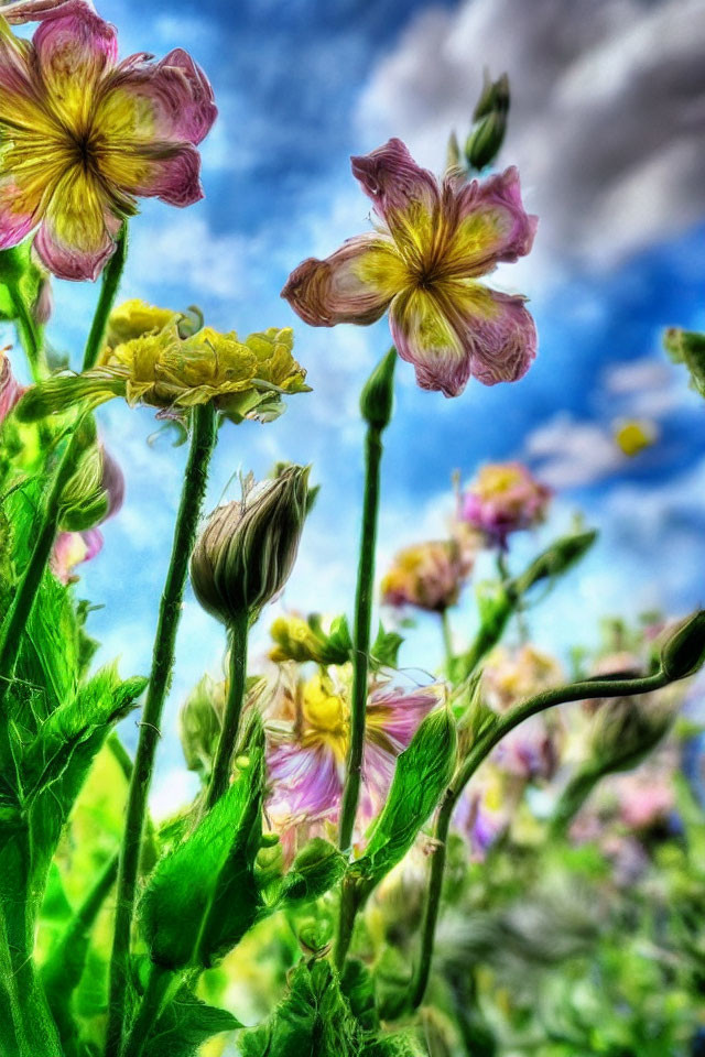 Colorful Close-Up of Flowers Against Blue Sky and Clouds