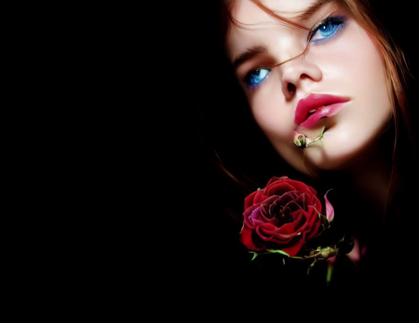 Person with Striking Blue Eyes Holding Red Rose on Dark Background