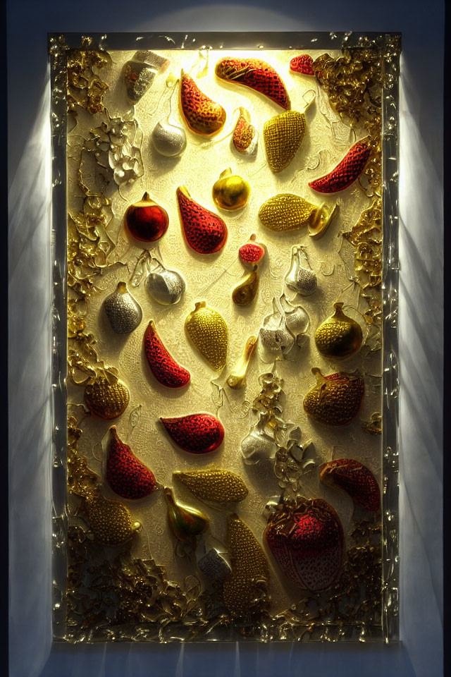 Golden frame encases textured artwork of embossed fruits and leaves in warm light