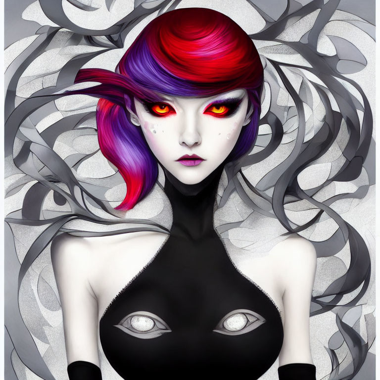 Stylized illustration of woman with red eyes and unique hair color