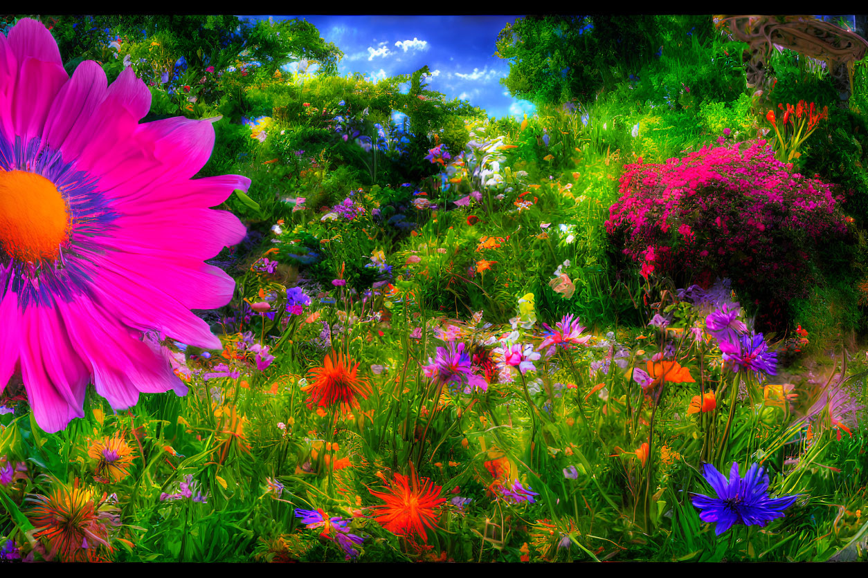 Colorful Garden with Large Pink Flower and Lush Foliage