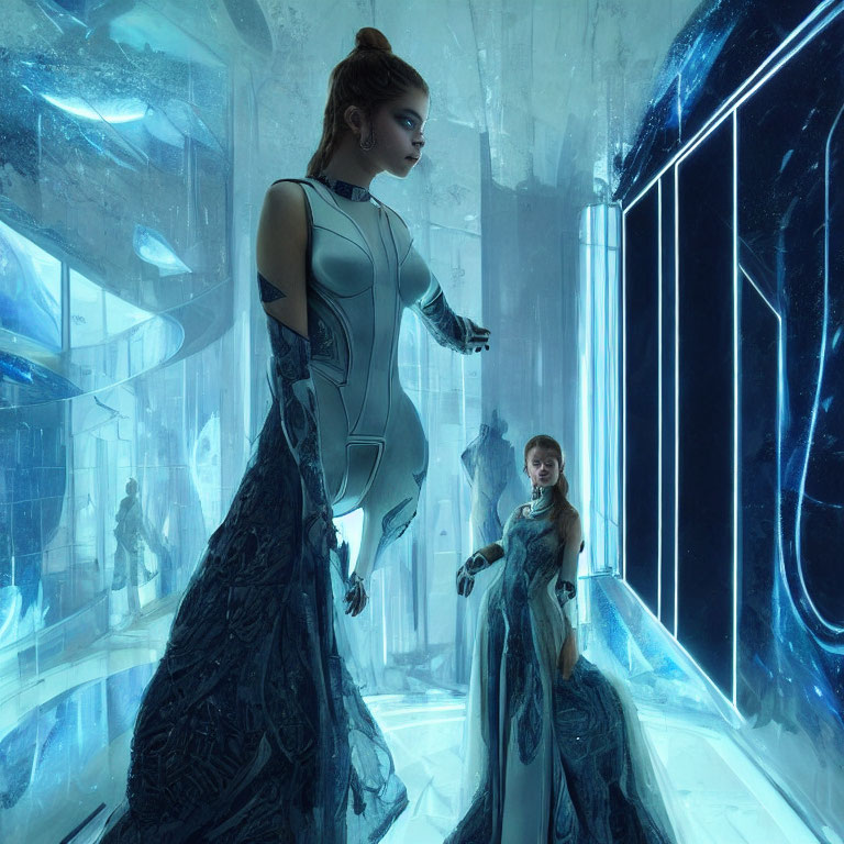 Futuristic scene: Two women in high-tech gowns in blue-lit room