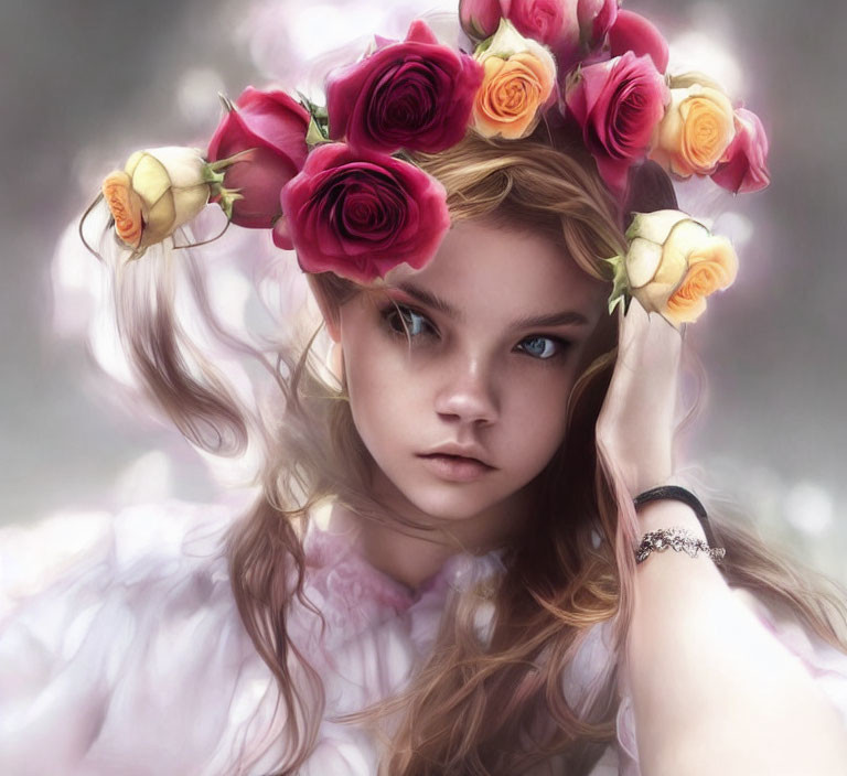 Young girl with blue eyes and floral crown in pensive gaze against misty backdrop