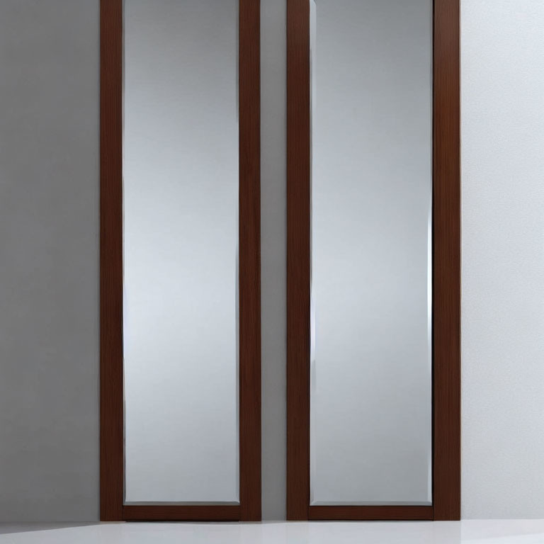 Vertical Wood Framed Mirror Panels on Light Grey Wall