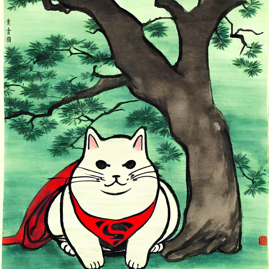 Illustration of white cat with Superman logo and red cape under stylized tree