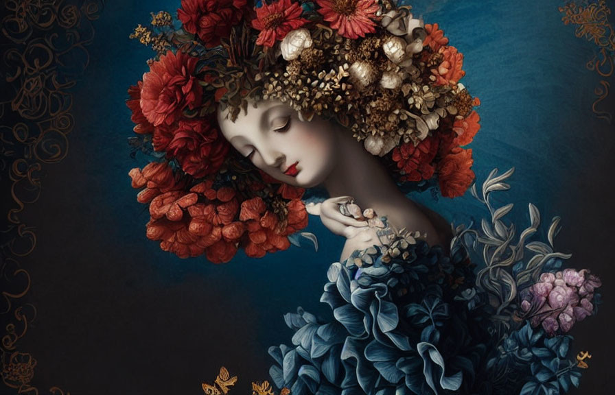 Woman with serene expression adorned with red flower wreath and blue floral garment