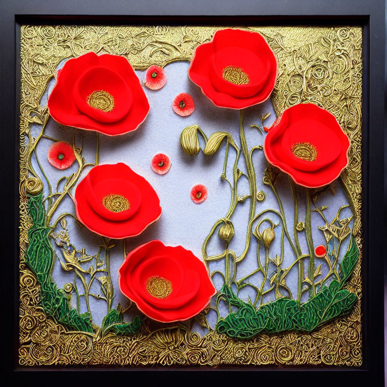 Colorful 3D paper art of red poppies with intricate details and black frame