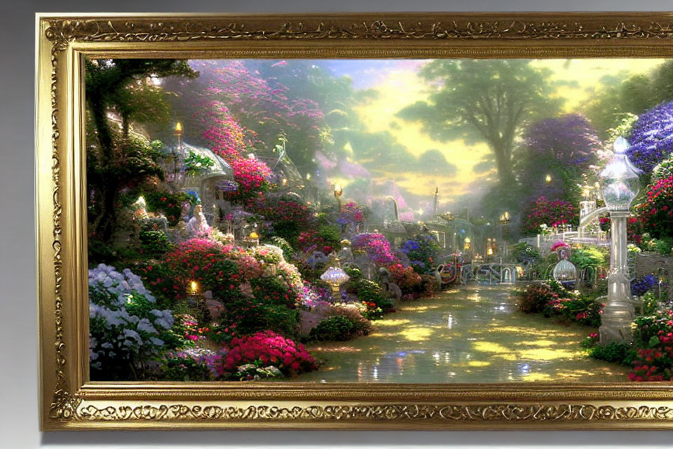 Vibrant fantasy garden painting: lush flowers, cobblestone path, glowing lamps, whimsical