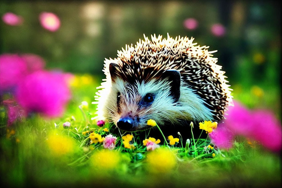 Hedgehog in Vibrant Flower Garden Scene