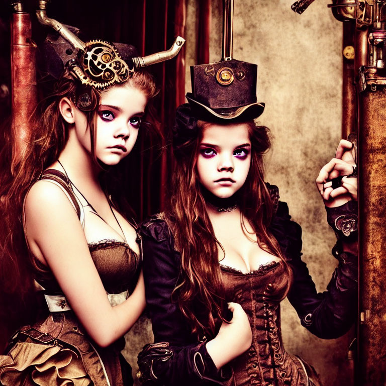 Two girls in steampunk attire with hats and goggles in vintage room.