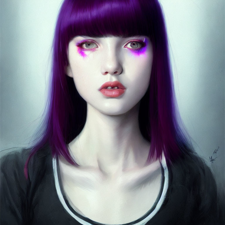 Vivid portrait of a person with violet hair, pink eyeshadow, pale skin, and red