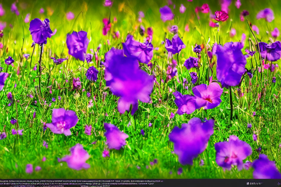 Purple Flowers Field with Green Grass Background