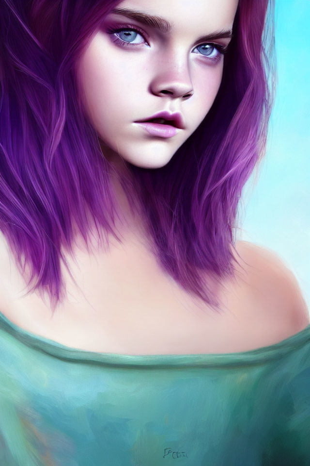 Vibrant purple-haired woman on blue gradient backdrop
