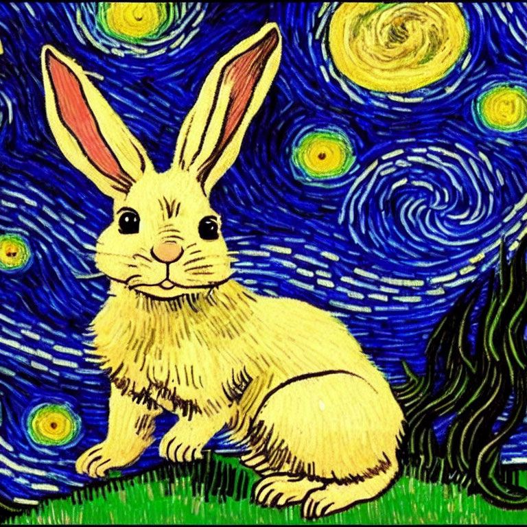 Whimsical rabbit illustration in Van Gogh's "Starry Night" style