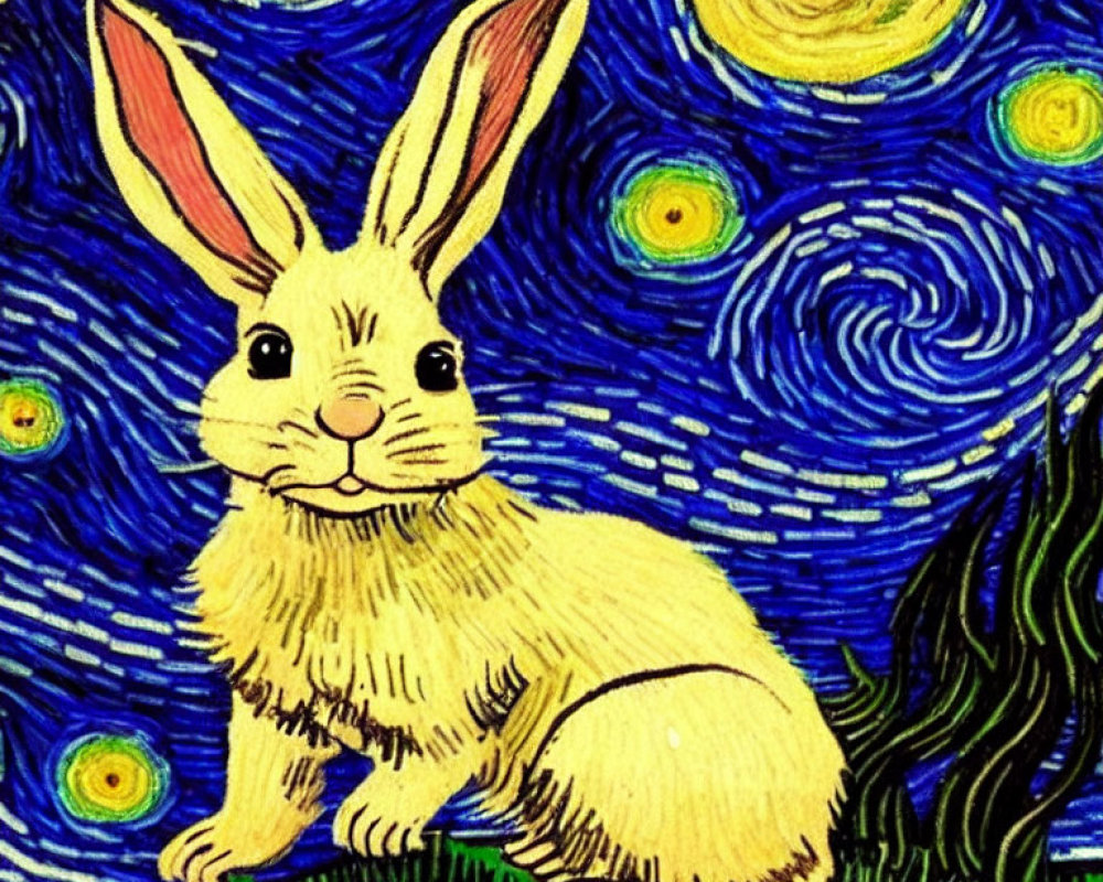 Whimsical rabbit illustration in Van Gogh's "Starry Night" style