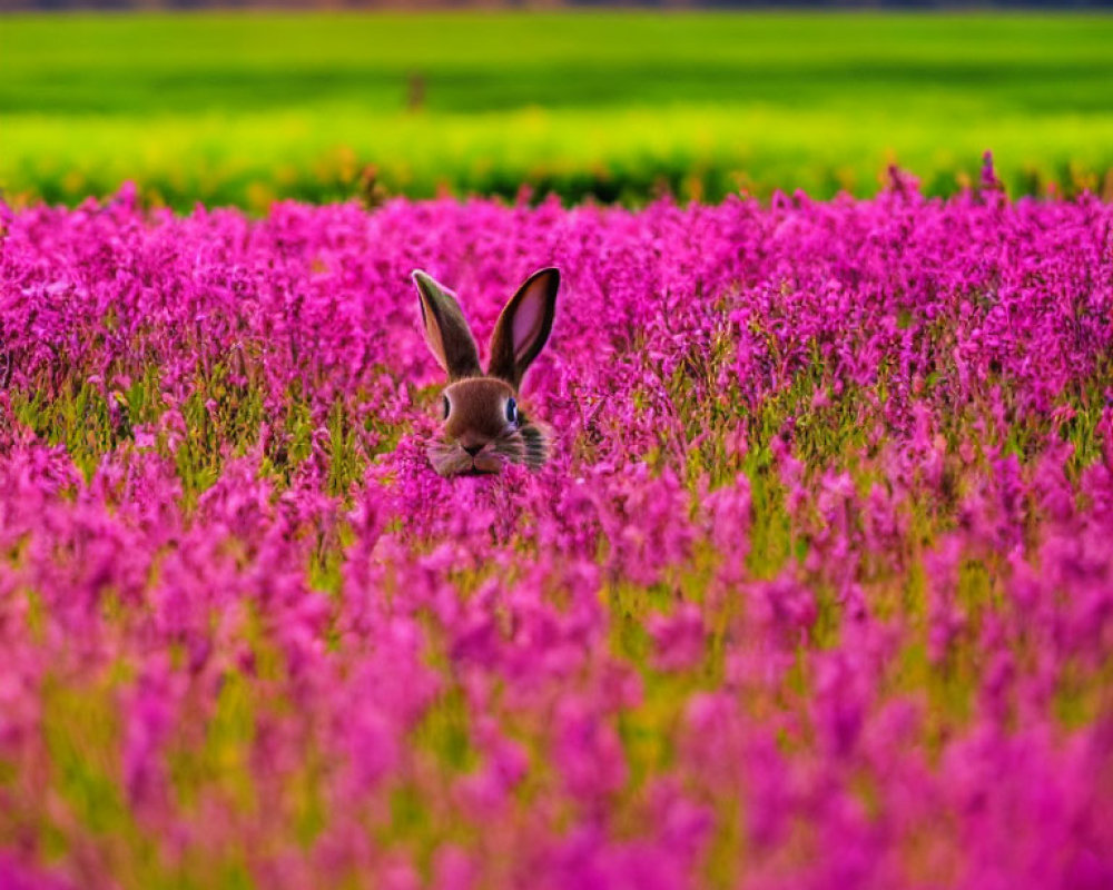 Rabbit in Pink Flower Field at Sunset