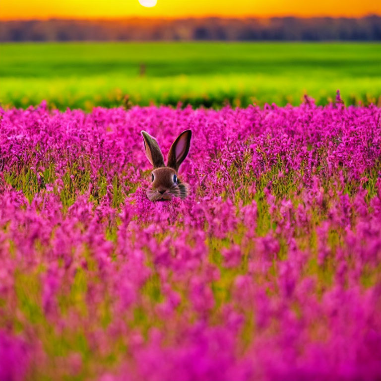 Rabbit in Pink Flower Field at Sunset