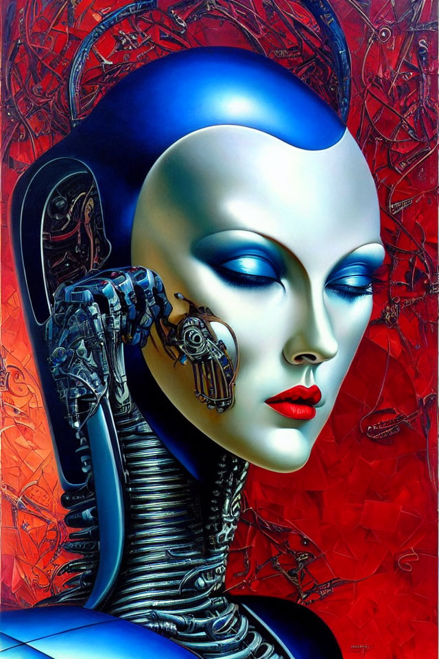 Blue-skinned female cyborg with red lips against red backdrop.