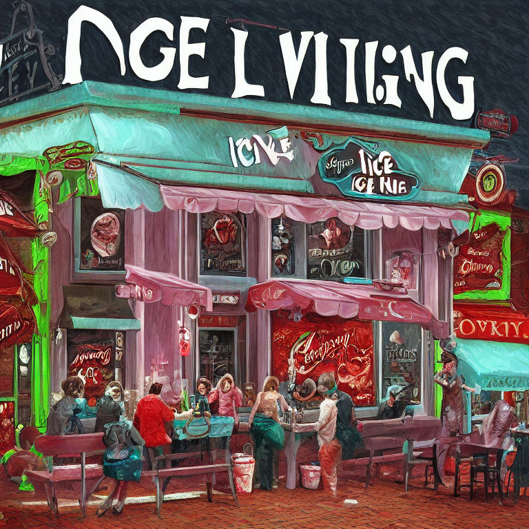 Illustration of Nighttime Ice Cream Parlor with Glowing Neon Signs