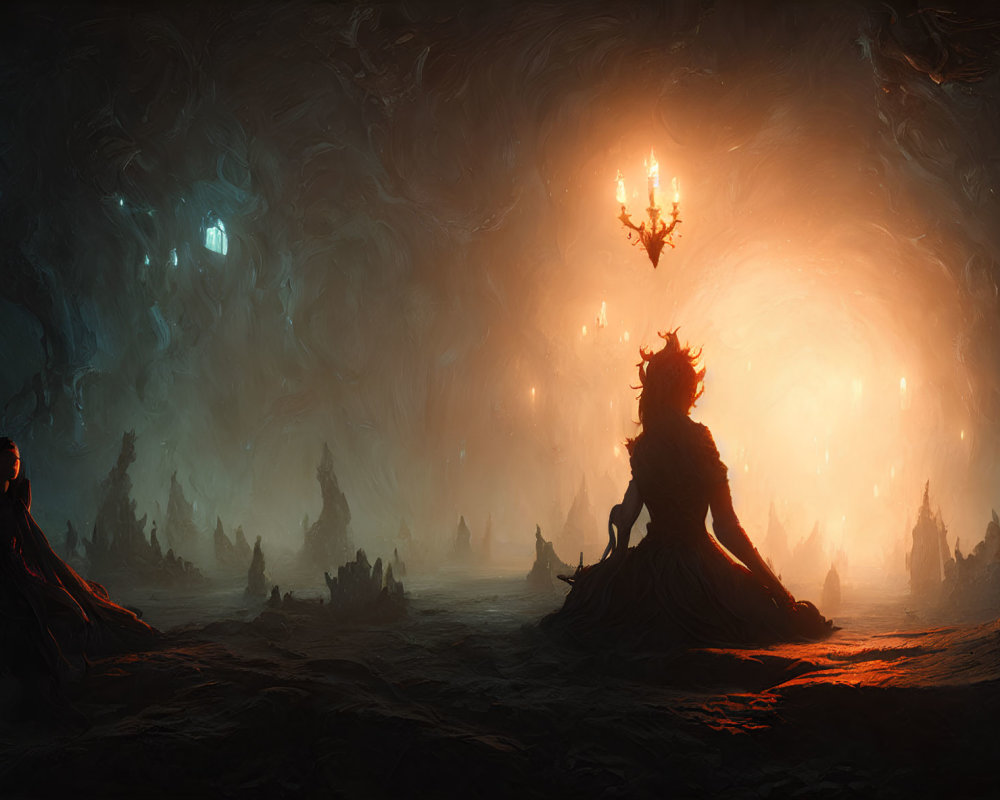 Dark fantasy scene with cloaked figure, regal entity, eerie trees, and mysterious light.