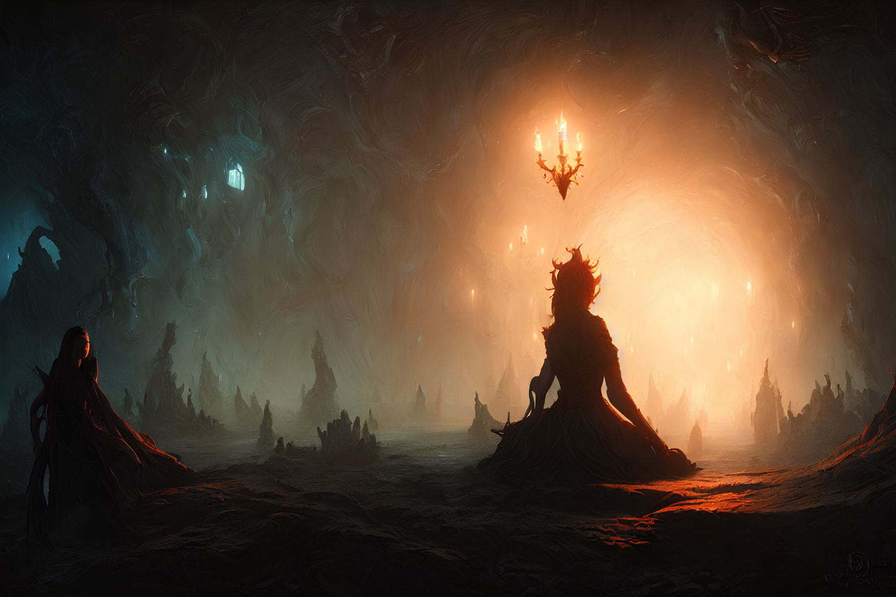 Dark fantasy scene with cloaked figure, regal entity, eerie trees, and mysterious light.
