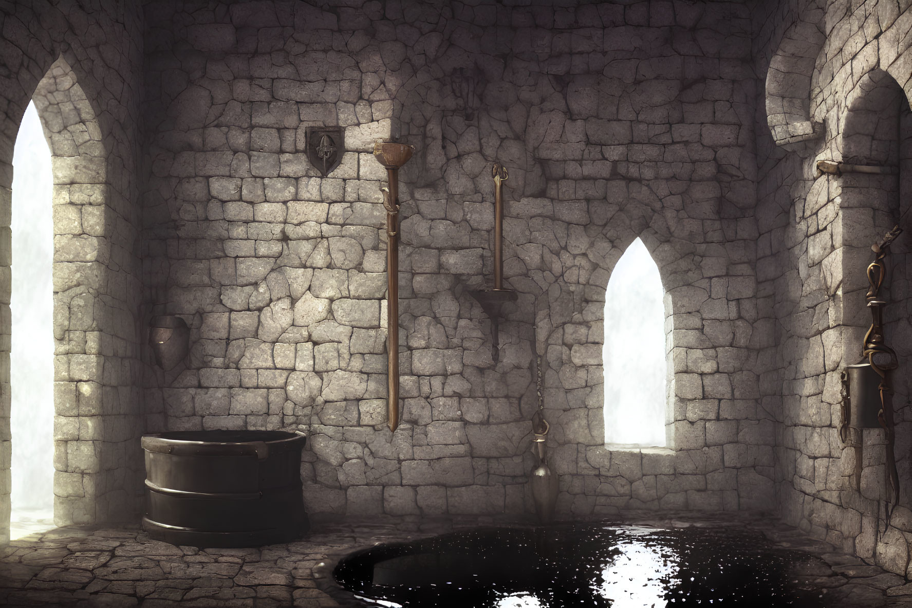 Medieval dungeon with stone walls, archway, well, chains, and torture instruments