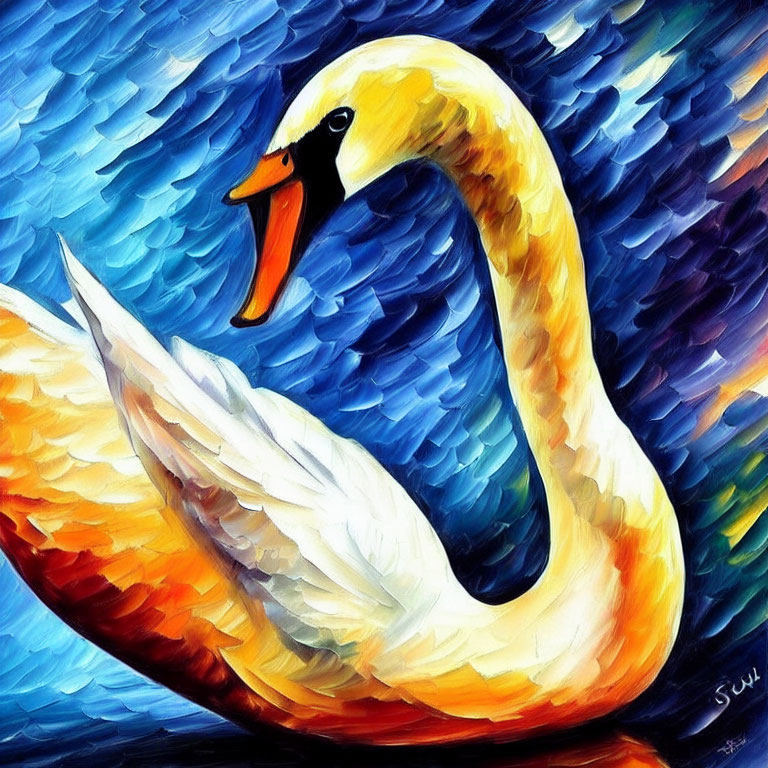 Colorful painting of white swan with orange beak in bold strokes