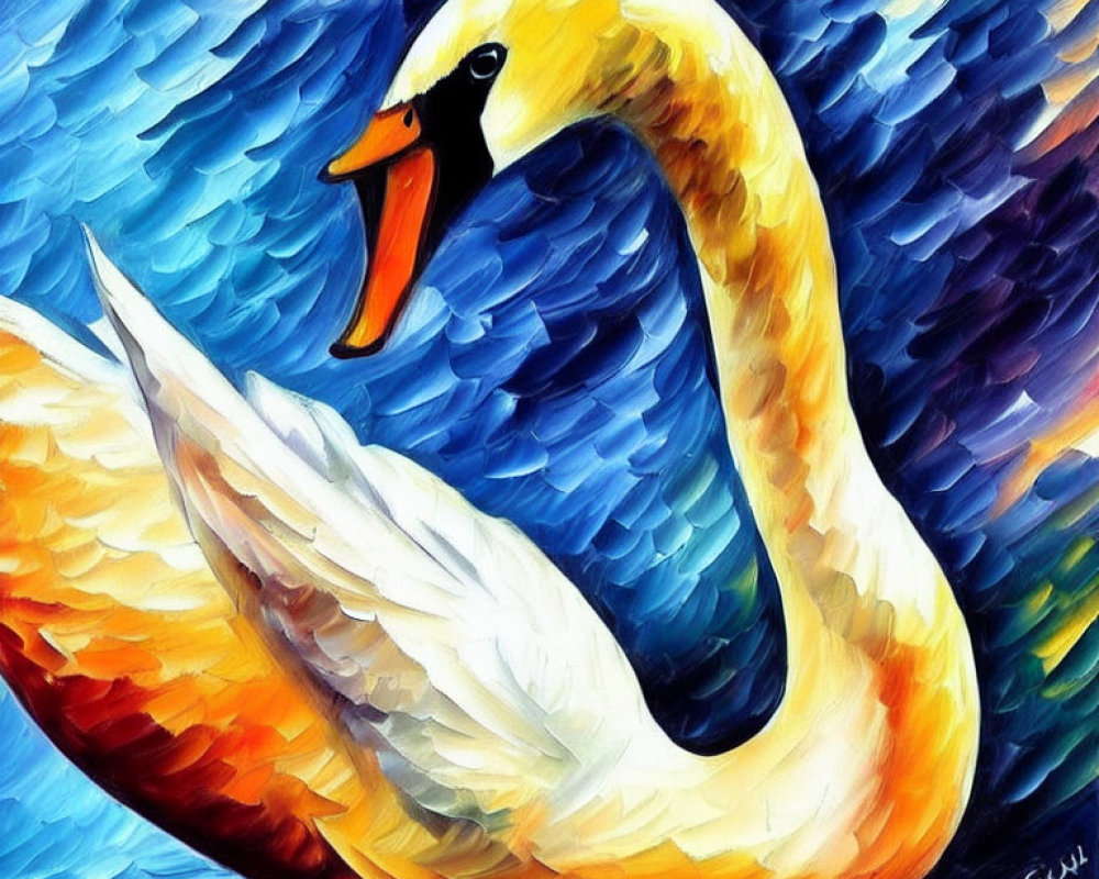 Colorful painting of white swan with orange beak in bold strokes