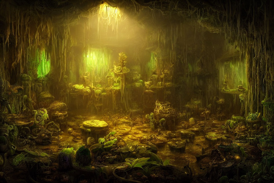 Dimly Lit Forest Interior with Glowing Mushrooms and Ethereal Green Light
