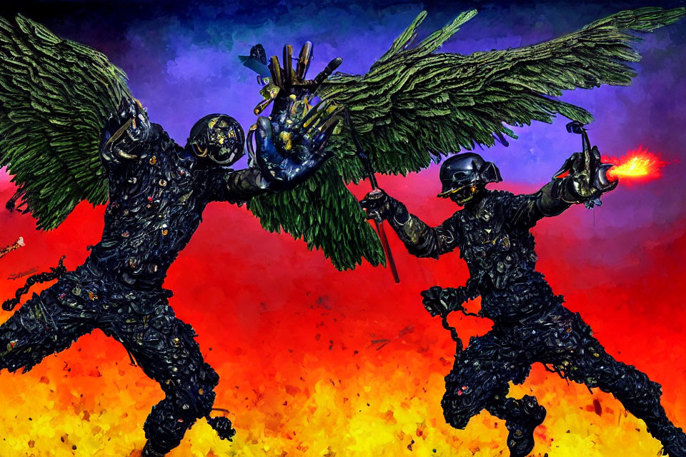 Armored figures with wings in combat against fiery backdrop